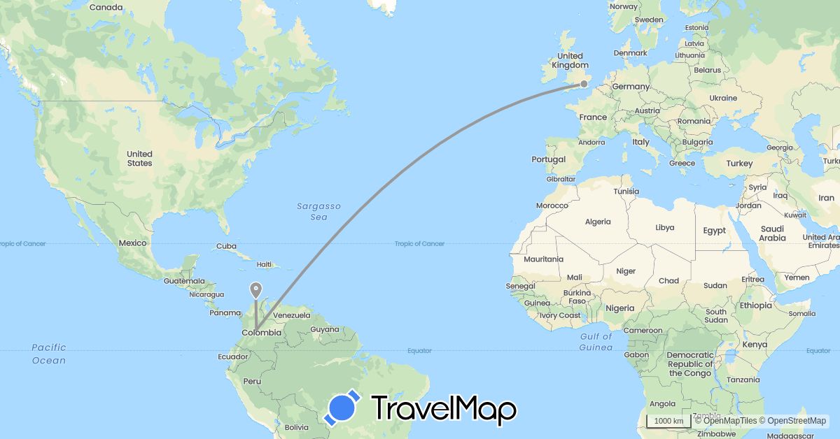 TravelMap itinerary: plane in Colombia, United Kingdom (Europe, South America)